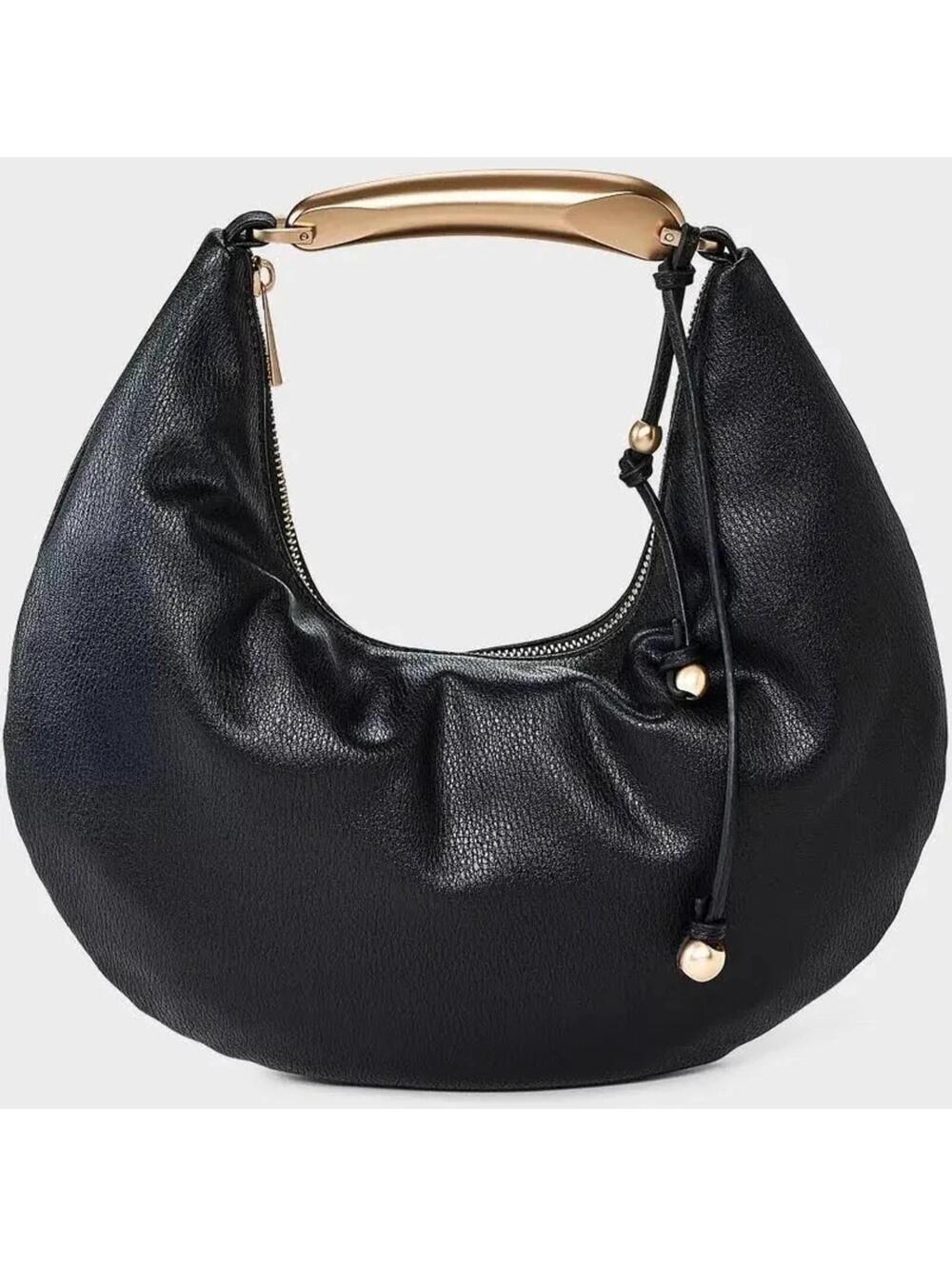 Metal Handle Crescent Saddle Handbag - a New Day Black